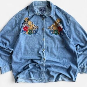 Vintage Quizz Again Denim Shirt Embroidered Safari Big Cats Flowers Button Down